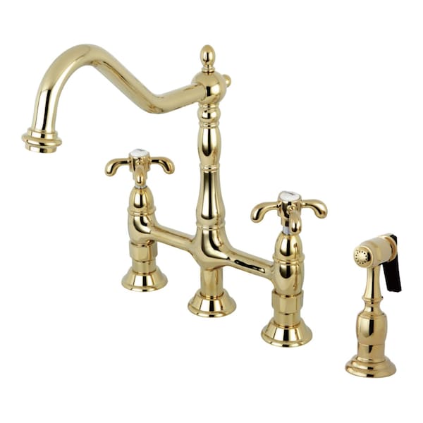 KS1272TXBS French Country Bridge Kitchen Faucet W/ Brass Sprayer, Brass